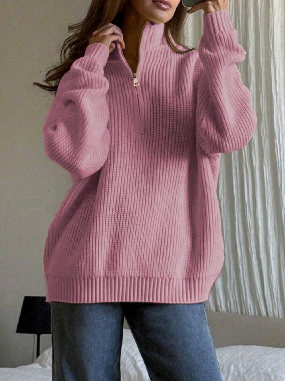 Light Pink Casual Womens Ribbed Loose Stand Collar Half-Placket Pullover Sweater - Picture 4 of 8